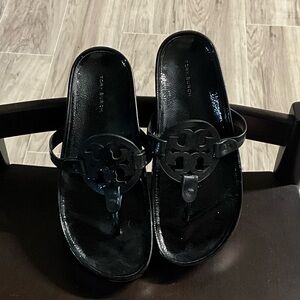 Tory Burch Black Patent Logo Thong Sandals